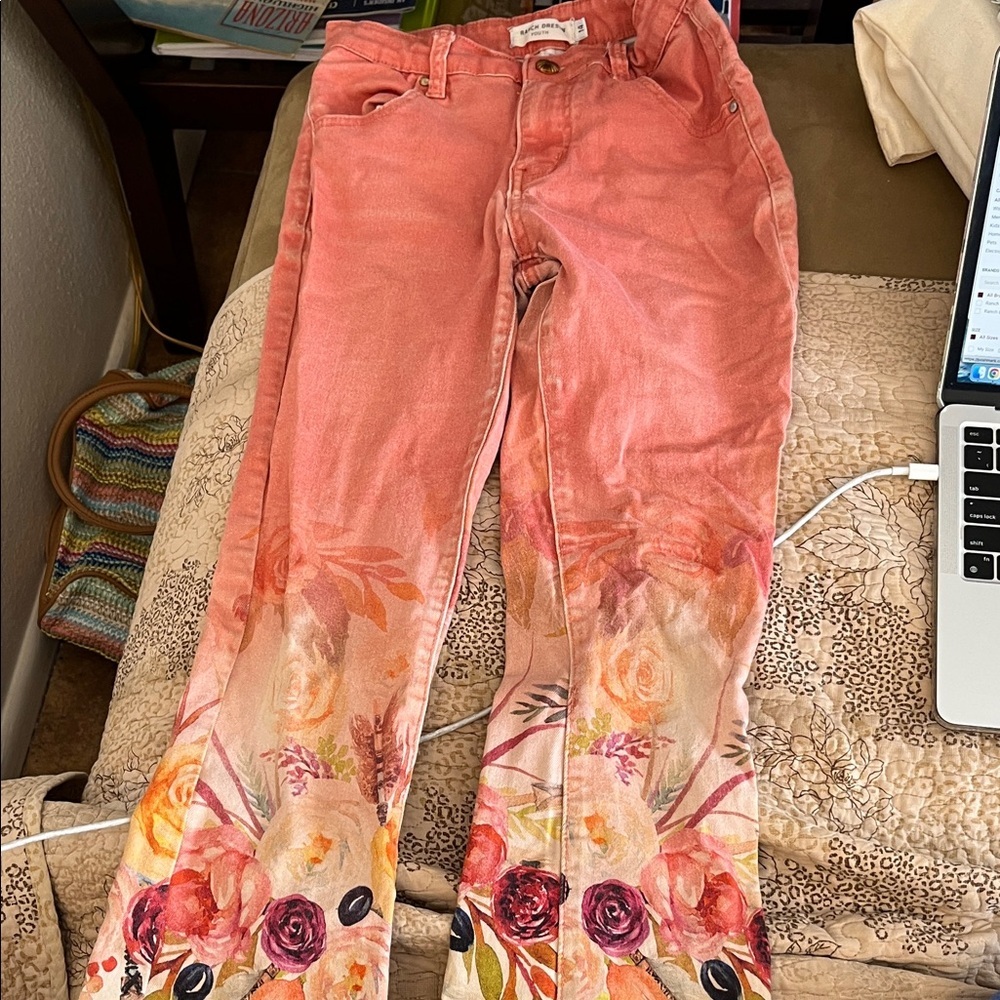 Ranch Dressn Youth  Coral Girls Floral Bell-Bottom Flare Jeans  Size 14 - Picture 2 of 5
